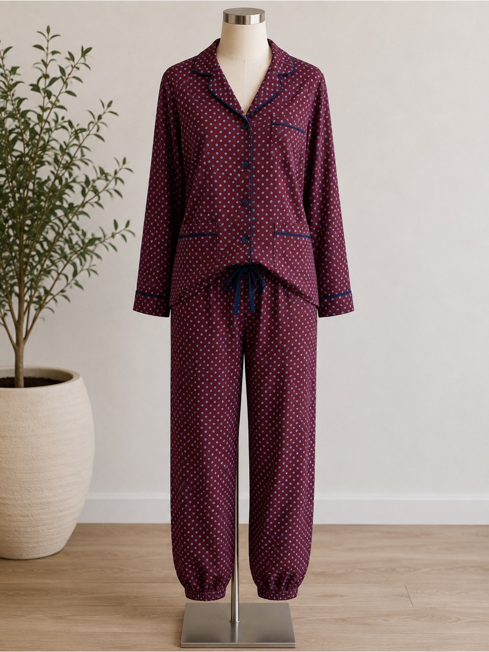 Women's Burgundy Dot Pajama Set - Classic Long Sleeve Lounge Set